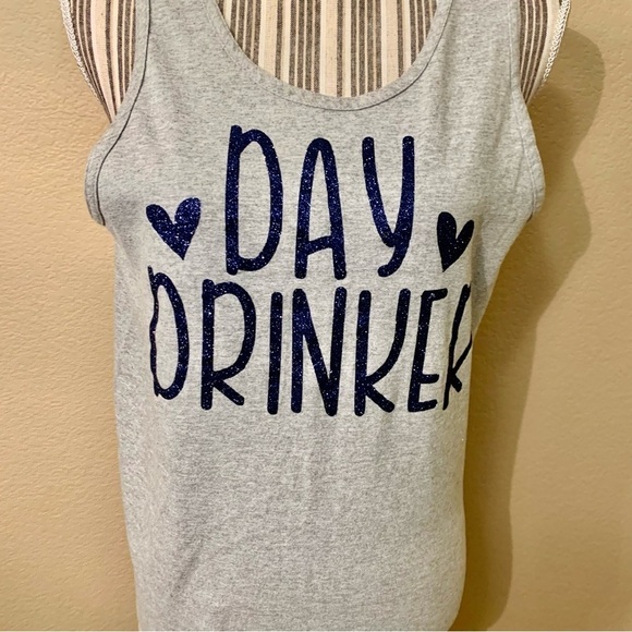 Graphic Tank Top Medium Grey “Day Drinker” Blue Glittery Print Alstyle Cotton - Picture 4 of 15